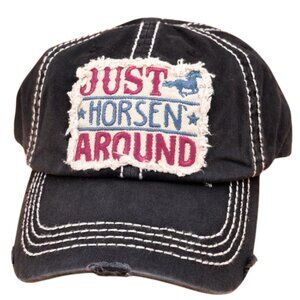 KBETHOS Black "Just Horsen Around" Distressed Baseball Cap Hat NWT